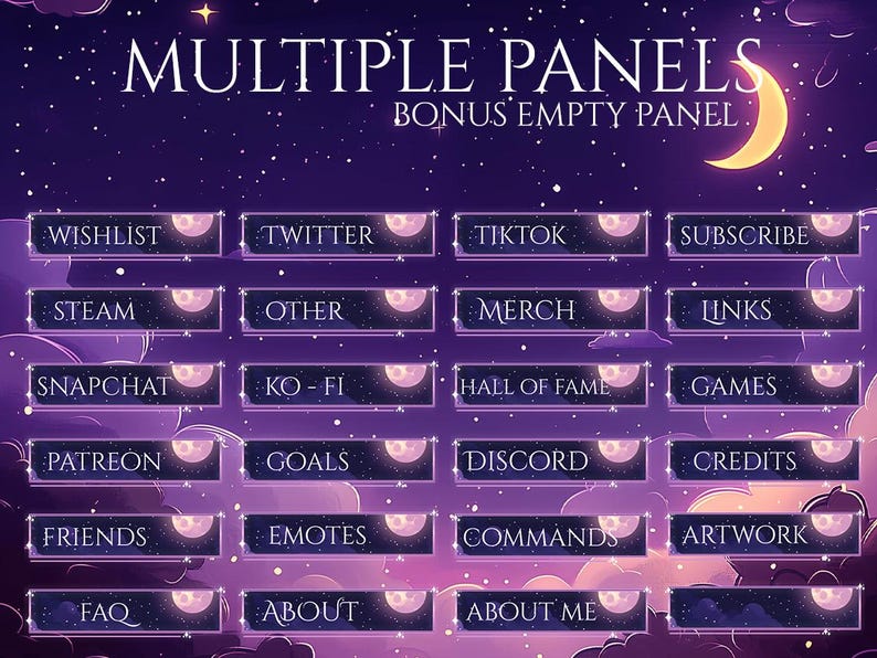 May include: A digital art graphic with a night sky theme, featuring multiple panels for online content. Each panel has a dark background with white text, such as "Wishlist," "Twitter," and "Subscribe." The design includes a crescent moon and stars.