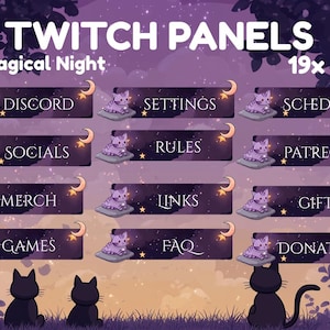 Cat Twitch Panels and Alerts | Magic-themed Panels for Streamers | Cute Cat | Cat Panels | Spooky | Halloween | Moon | Crescent
