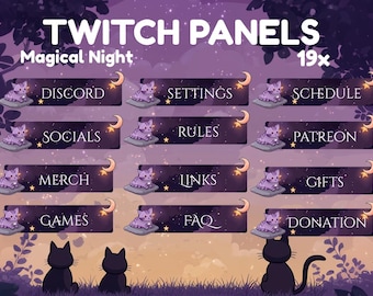 Paneles y alertas de gatos para Twitch / Paneles con temática mágica para streamers / Gato adorable / Paneles de gatos / Espeluznante / Halloween / Luna / Luna creciente