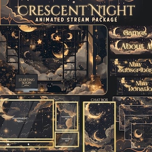 May include: An animated stream package with a celestial theme. The design features a night sky with moons, stars, and clouds. The package includes overlays for games, about me, new subscriber, and new donation. The text "CRESCENT NIGHT" is at the top.