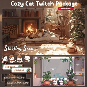 Superposición de Twitch de Noche Acogedora, Pantalla de Twitch / Paquete de Transmisión con Superposición Animada, Gato Durmiendo / Twitch Lindo / Habitación Acogedora / Café / Chimenea