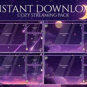 May include: Digital download featuring a cozy streaming pack with a night sky theme. The design includes transparent areas for gameplay, chat, and other elements, with a crescent moon, stars, and shooting stars. The text "INSTANT DOWNLOAD" and "COZY STREAMING PACK" are displayed.
