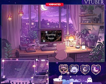 Magical Night Twitch Overlay, Twitch screen | Animated Overlay| Vtuber |  Cat Twitch | Cute Twitch Overlay | Aesthetic | star overlay