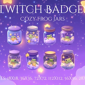 Op de afbeelding: Digitale afbeelding met acht potten met cartoonkikkers, wolken en sterren. De potten hebben paarse deksels en staan tegen een sterrenhemel paarse achtergrond. Tekst bovenaan luidt "TWITCH BADGES" en "COZY.FROG JARS".