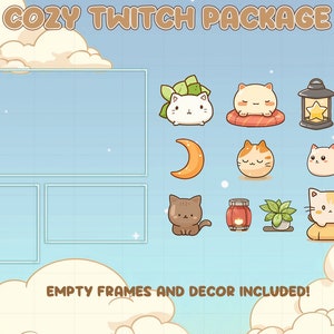 Op de afbeelding: Een digitaal kunstpakket met een gezellig thema, met cartoonkatten, een halve maan, een lantaarn en andere decoratieve elementen. De tekst "COZY TWITCH PACKAGE" en "EMPTY FRAMES AND DECOR INCLUDED!" zijn ook zichtbaar.