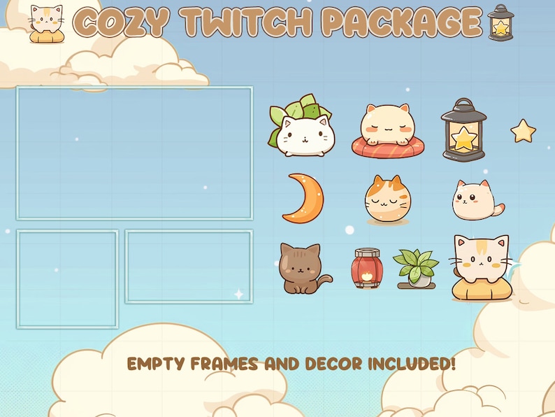 Op de afbeelding: Een digitaal kunstpakket met een gezellig thema, met cartoonkatten, een halve maan, een lantaarn en andere decoratieve elementen. De tekst "COZY TWITCH PACKAGE" en "EMPTY FRAMES AND DECOR INCLUDED!" zijn ook zichtbaar.