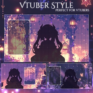 Puede incluir: Un dise&ntilde;o de fondo digital en tonos morados y rosas, con la silueta de un personaje con coletas. El texto "VTUBER STYLE" y "PERFECT FOR VTUBERS" se muestra en la parte superior. El dise&ntilde;o incluye linternas colgantes y detalles florales.