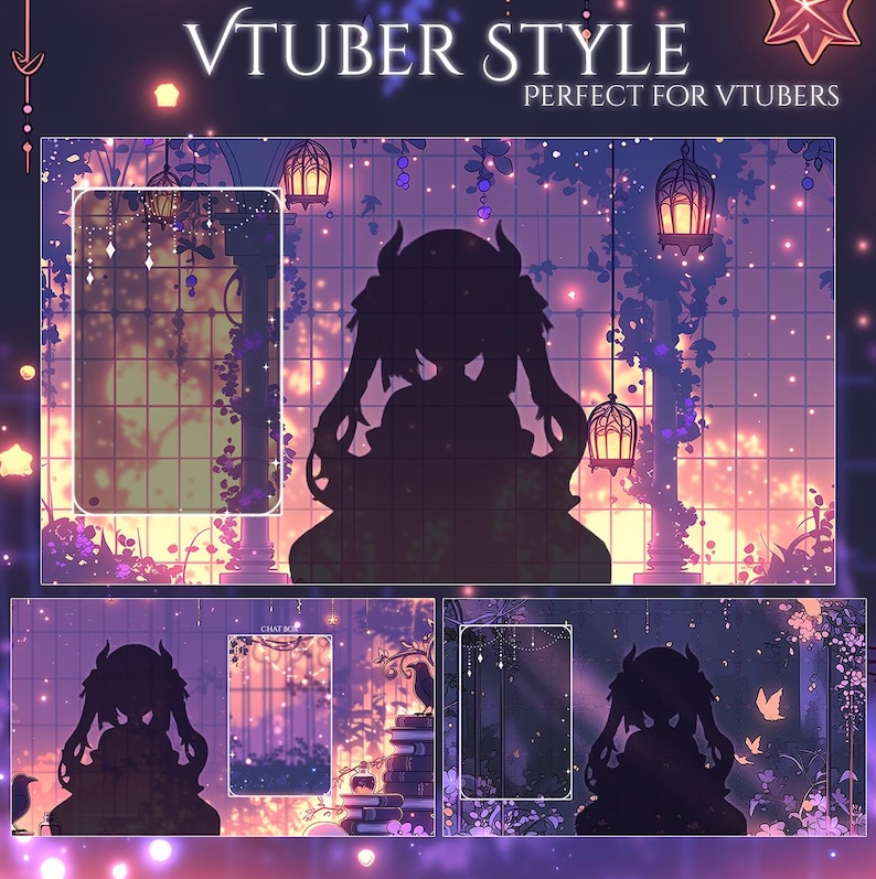Puede incluir: Un dise&ntilde;o de fondo digital en tonos morados y rosas, con la silueta de un personaje con coletas. El texto "VTUBER STYLE" y "PERFECT FOR VTUBERS" se muestra en la parte superior. El dise&ntilde;o incluye linternas colgantes y detalles florales.