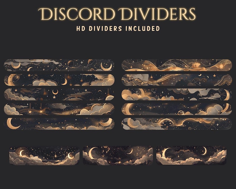 May include: Digital art featuring Discord dividers with a celestial theme. The dividers showcase a dark background with gold accents, including moons, stars, and clouds. Text at the top reads "Discord Dividers" and "HD Dividers Included."