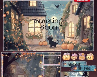 Superposición de Twitch con gato acogedor, paquete de transmisión Luna de otoño, configuración de VTuber de cuento de hadas adorable, pantallas de Halloween en tonos pastel, recursos animados de gatos de ensueño