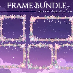 Könnte beinhalten: Ein digitales Kunstbild mit fünf verzierten Rahmen im Fairycore-Stil. Die Rahmen sind quadratisch oder rechteckig und mit pastellfarbenen Blumen, Schmetterlingen und hängenden Sternen verziert. Der Text "FRAME BUNDLE" und "FairyCore Magical Frames" ist oben zu sehen.
