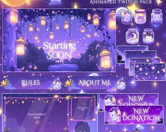 Lantern Cat Night Twitch Overlay | Animated Overlay Stream Package, Cat Twitch | Cute Twitch Overlay | Animated Screen | star overlay | Cat