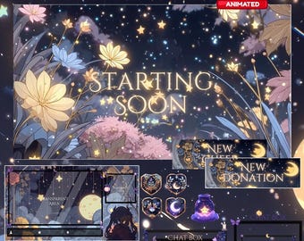 Starry Night Stream Pack | Magical Moon | Cosmic Sky | Crescent | Stars | Cozy | Dark | Space | Twitch Overlay | Animated Screen | Vtuber