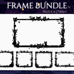 Puede incluir: Un paquete de cinco marcos de gatos negros sobre un fondo blanco. Los marcos rectangulares están decorados con siluetas de gatos negros, estrellas y ramas. El texto "FRAME BUNDLE" y "Black Cat Frames" está en la parte superior.