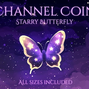 May include: A digital illustration of a purple butterfly with a starry design, set against a dark purple and blue starry sky. The text "CHANNEL COIN" and "STARRY BUTTERFLY" are displayed above the butterfly, with "ALL SIZES INCLUDED" below.