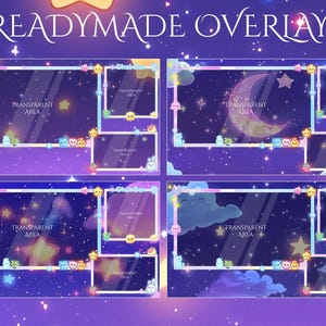 May include: Four customizable Twitch stream overlays with a starry night sky background. Each overlay features a transparent area for text or images, a moon, stars, and cute cartoon characters. The overlays are designed in a pastel color scheme with pink, blue, and purple accents.