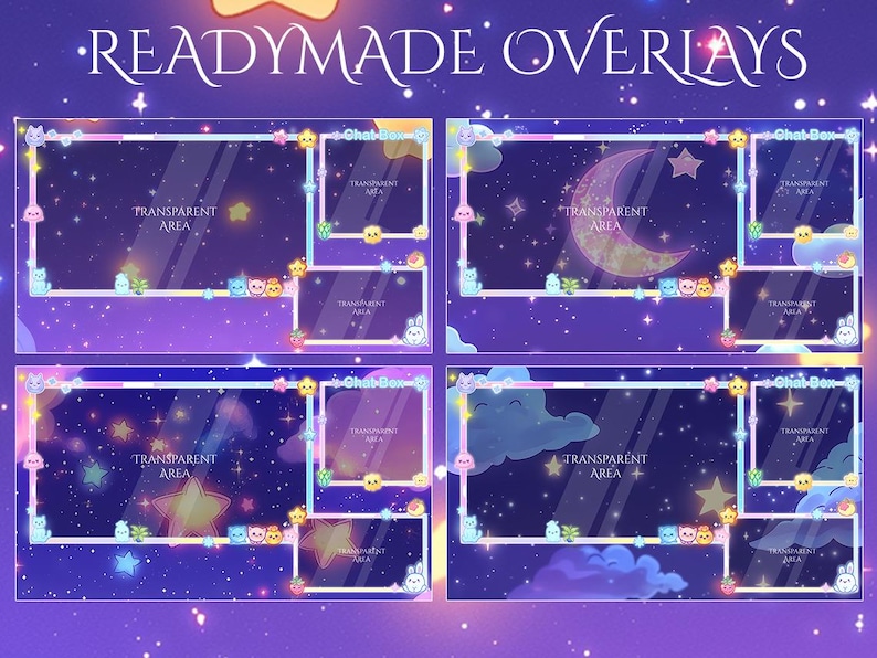 May include: Four customizable Twitch stream overlays with a starry night sky background. Each overlay features a transparent area for text or images, a moon, stars, and cute cartoon characters. The overlays are designed in a pastel color scheme with pink, blue, and purple accents.