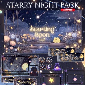 May include: A digital art pack titled "Starry Night Pack" with animated elements. The design features a night sky with stars, a pond, and a cute frog. Includes overlay screens, chat boxes, and panels with text like "Starting Soon".