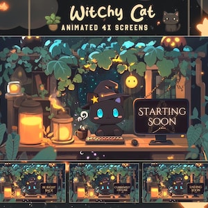 Witch Cat animated screens / Moon / Wizard / Pastel / Cute / Overlay / Cats / Twitch screen / Twitch Alerts  / Witch | Plants
