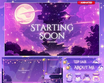 Magical Night Twitch Overlay, Twitch screen | Animated Overlay Stream Package, Cat Twitch | Cute Twitch Overlay | Aesthetic | star overlay