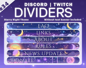 May include: A set of 34 purple, blue, and yellow Discord and Twitch dividers with a starry night theme. The dividers feature text such as "FAQ", "Links", "About", "Rules", "News Update", and "Donate".