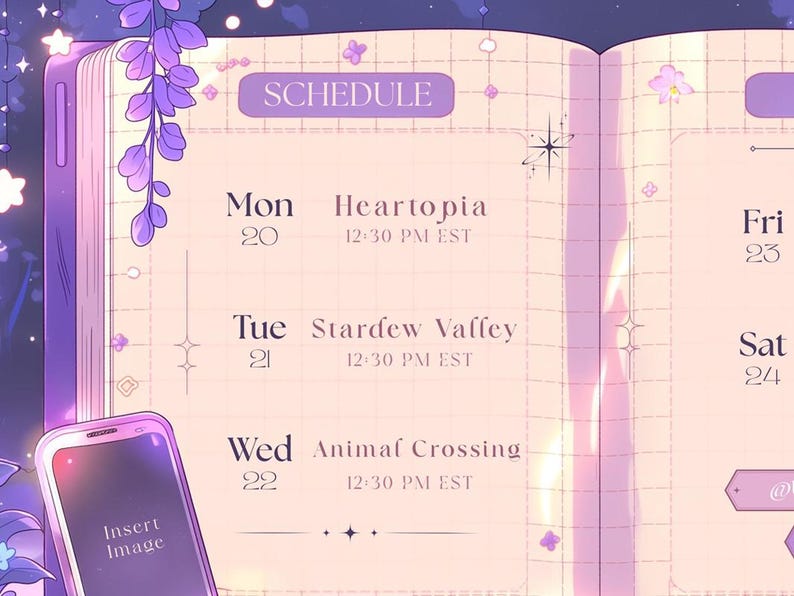 Puede incluir: Una agenda digital con una est&eacute;tica morada y rosa. La agenda est&aacute; abierta en una p&aacute;gina de horario con la palabra "SCHEDULE" en la parte superior. El horario incluye "Heartopia", "Stardew Valley" y "Animal Crossing" con horarios. Un smartphone con el texto "Insert Image" est&aacute; en primer plano.