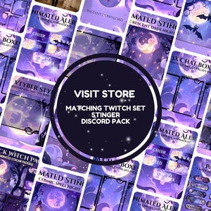 Op de afbeelding: Een digitale kunstset met een paars en blauw thema, met geanimeerde stream overlays, chatboxen en panelen. Het ontwerp bevat manen, vleermuizen en sterren, met de tekst "Visit Store" en "Matching Twitch Set".