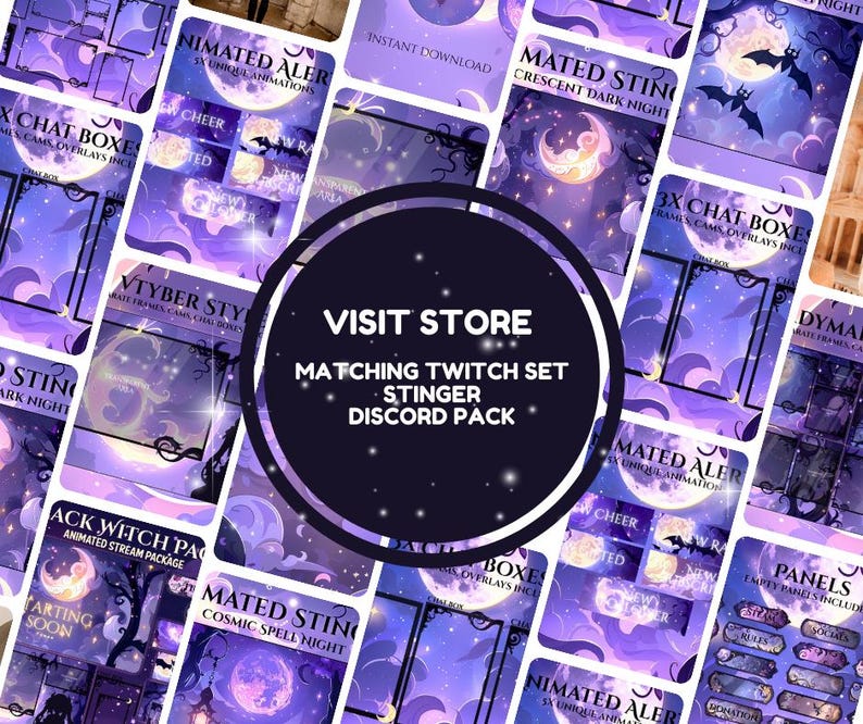 Op de afbeelding: Een digitale kunstset met een paars en blauw thema, met geanimeerde stream overlays, chatboxen en panelen. Het ontwerp bevat manen, vleermuizen en sterren, met de tekst "Visit Store" en "Matching Twitch Set".