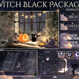 Könnte beinhalten: Digitales Kunstpaket mit Hexen-Thema. Das Bild zeigt einen geschnitzten Kürbis, eine schwarze Katze und einen Hexenhut. Text enthält "Witch Black Package", "Animated", "Starting Soon" und Menüoptionen wie "About" und "Schedule".