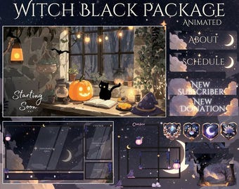 Witch Cat Stream Package / Moon / Wizard / Pastel / Cute / Overlay / Cats / Twitch screen / Twitch Overlay / Witch | Black Cat Magic