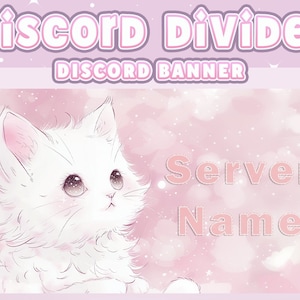 May include: A pink and white Discord banner with a white kitten with blue eyes and the text "Discord Divider" and "Discord Banner" at the top and "Server Name" at the bottom.