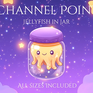 Peut inclure: Un bocal violet avec un couvercle et une méduse jaune à l'intérieur. Le bocal est rempli de paillettes et d'étoiles. Le texte "CHANNEL POINT JELLYFISH IN JAR" est au-dessus du bocal. Le texte "ALL SIZES INCLUDED" est en dessous du bocal.