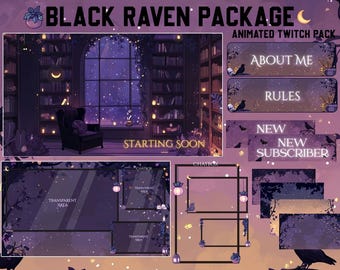Black Raven Stream Package / Moon / Crow / Purple / Books / Overlay / Bird / Twitch screen / Twitch Overlay / Witch | Cozy | Animated | Dark