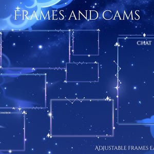 May include: Digital overlay frames and cams with a starry night sky theme. The image features various rectangular and square frames with decorative edges and the text "FRAMES AND CAMS". The background is a deep blue with stars and clouds.
