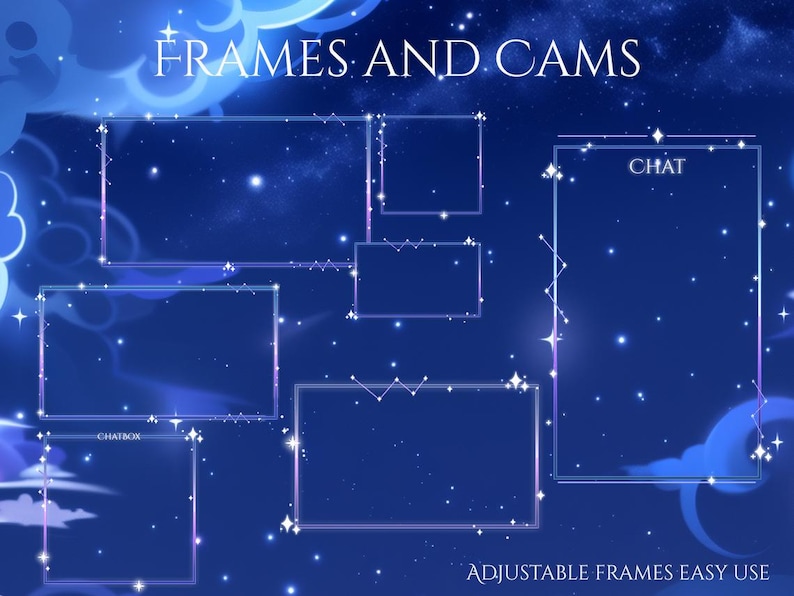 May include: Digital overlay frames and cams with a starry night sky theme. The image features various rectangular and square frames with decorative edges and the text "FRAMES AND CAMS". The background is a deep blue with stars and clouds.