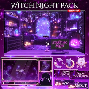 Witch Cat Night Stream Package / Moon / Cat / Purple / Books / Overlay / Purple / Twitch screen / Twitch Overlay | Cozy | Animated | Dark