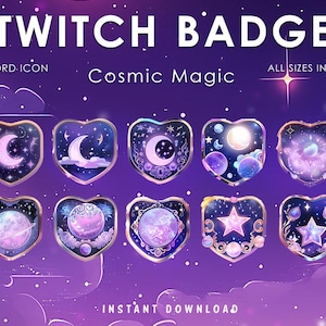 Puede incluir: Imagen de arte digital con insignias de Twitch con temática de magia cósmica. Las insignias en forma de corazón presentan diseños celestiales, como lunas, estrellas y planetas, sobre un fondo púrpura y azul. El texto incluye "Twitch Badge" y "Cosmic Magic."