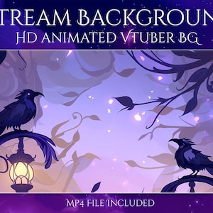 May include: A digital background for streaming, featuring a purple and blue color scheme with two crows perched on ornate lamp posts. The words "STREAM BACKGROUND" and "HD ANIMATED VTUBER BG" are displayed at the top, with "MP4 FILE INCLUDED" at the bottom.