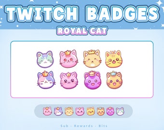 May include: A set of Twitch chat badges featuring cute cartoon cats wearing crowns. The badges are in various colors, including pink, purple, blue, and yellow. The text "ROYAL CAT" is displayed above the badges.
