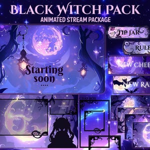 以下が含まれることがあります： 「Black Witch Pack」というタイトルの、アニメーションストリームをテーマにしたデジタルアートパッケージ。デザインは、満月、星、魔女の要素を取り入れた紫と青の配色です。「Tip Jar」、「Rules」、「New Cheer」、「New Raid」のオーバーレイが含まれています。
