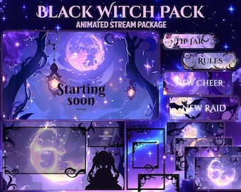 May include: A digital art package titled "Black Witch Pack" with an animated stream theme. The design features a purple and blue color scheme with a full moon, stars, and witchy elements. Includes overlays for "Tip Jar", "Rules", "New Cheer", and "New Raid".