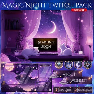 May include: Animated Twitch overlay pack with a purple and blue color scheme. The overlay features a night sky with stars, a crescent moon, and a window with a cat looking out. The text "Starting Soon..." is displayed on a computer screen. The overlay also includes a chat box, a "About" section, a "Wishlist" section, and buttons for "New Cheer" and "New Follower".