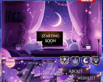 May include: Animated Twitch overlay pack with a purple and blue color scheme. The overlay features a night sky with stars, a crescent moon, and a window with a cat looking out. The text "Starting Soon..." is displayed on a computer screen. The overlay also includes a chat box, a "About" section, a "Wishlist" section, and buttons for "New Cheer" and "New Follower".