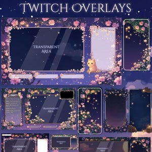 May include: A digital art design featuring Twitch overlays with floral and starry elements. The design includes frames for chat, recent followers, and donations, with a transparent area for streaming content. The text "TWITCH OVERLAYS" is at the top.