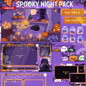 Op de afbeelding: Een digitaal Halloween-thema overlay-pakket met een paars en oranje kleurenschema. Het pakket bevat geanimeerde elementen, een gezellige slaapkamer met pompoenen en de tekst "Spooky Night Pack" en "Starting Soon".