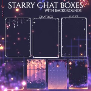 Puede incluir: La imagen presenta el texto "Starry Chat Boxes With Backgrounds". La imagen muestra varios dise&ntilde;os de cuadros de chat con fondos estrellados y atmosf&eacute;ricos. Cada cuadro tiene un borde blanco, y los fondos presentan gradientes de p&uacute;rpura, rosa y azul con estrellas y elementos decorativos.