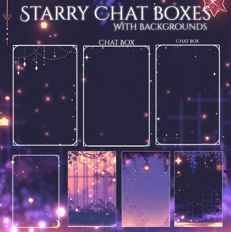 Puede incluir: La imagen presenta el texto "Starry Chat Boxes With Backgrounds". La imagen muestra varios dise&ntilde;os de cuadros de chat con fondos estrellados y atmosf&eacute;ricos. Cada cuadro tiene un borde blanco, y los fondos presentan gradientes de p&uacute;rpura, rosa y azul con estrellas y elementos decorativos.