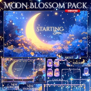 以下が含まれることがあります： 天体のテーマのデジタルアートパック。大きな三日月、星、花の要素が特徴です。「MOON BLOSSOM PACK」、「STARTING Soon...」、および「ABOUT」や「DISCORD」などのインターフェース要素が含まれています。
