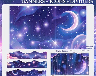 Starry Night Discord Pack  | Dividers | Panels | Invite banner | Welcome banner | Starry | Stars | Icons | Moon | Crescent | Profile Banners
