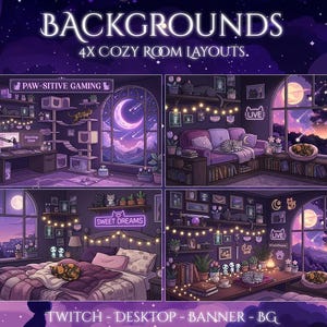 Fond d'écran Lofi Cozy Room, Pack de stream de chat, Écrans Nuit étoilée, Superposition animée, Configuration VTuber esthétique et mignonne